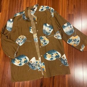 CITRON Silk Brown Shirt Button Down Long Sleeve Santa Monica Fan Plus‎ 1 / 1X